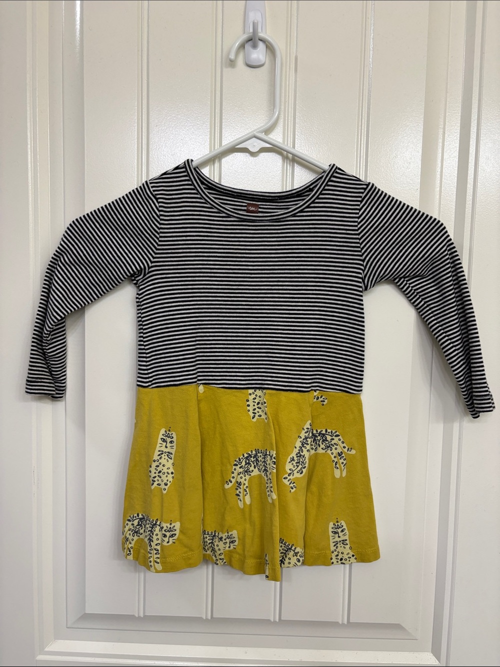Tea Striped Black & White Top with Mustard Animal Skirt Kids Dress
